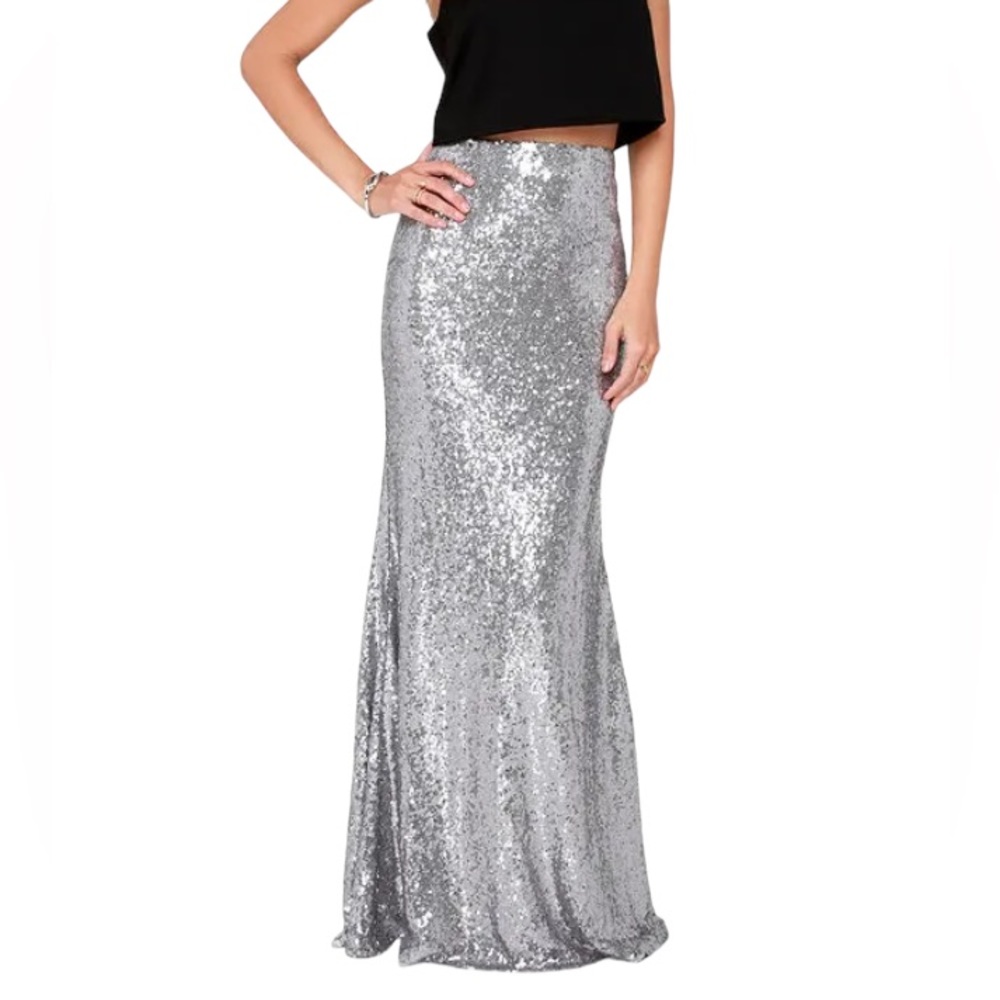 Lulu’s Kicking ' Up Stardust Silver Sequin Maxi Skirt-Small